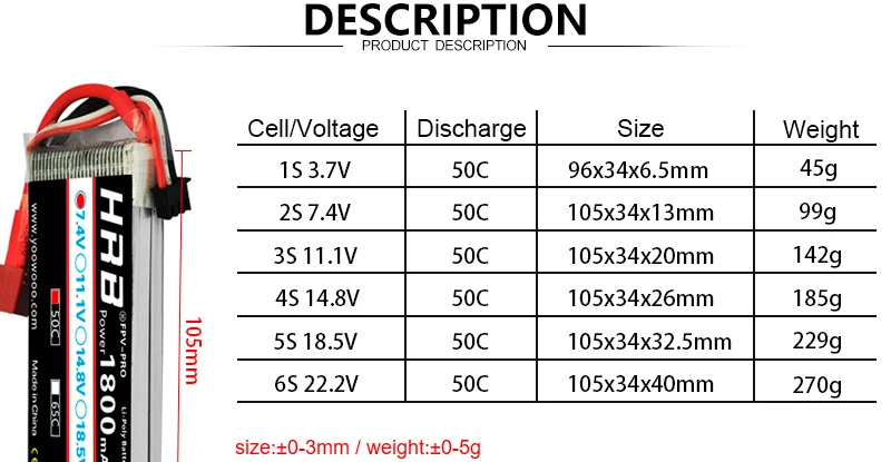 HRB 1800mah 2S 3S Lipo Battery, XT60 T Deans 50C 14.8V 18.5V 22.2V 4