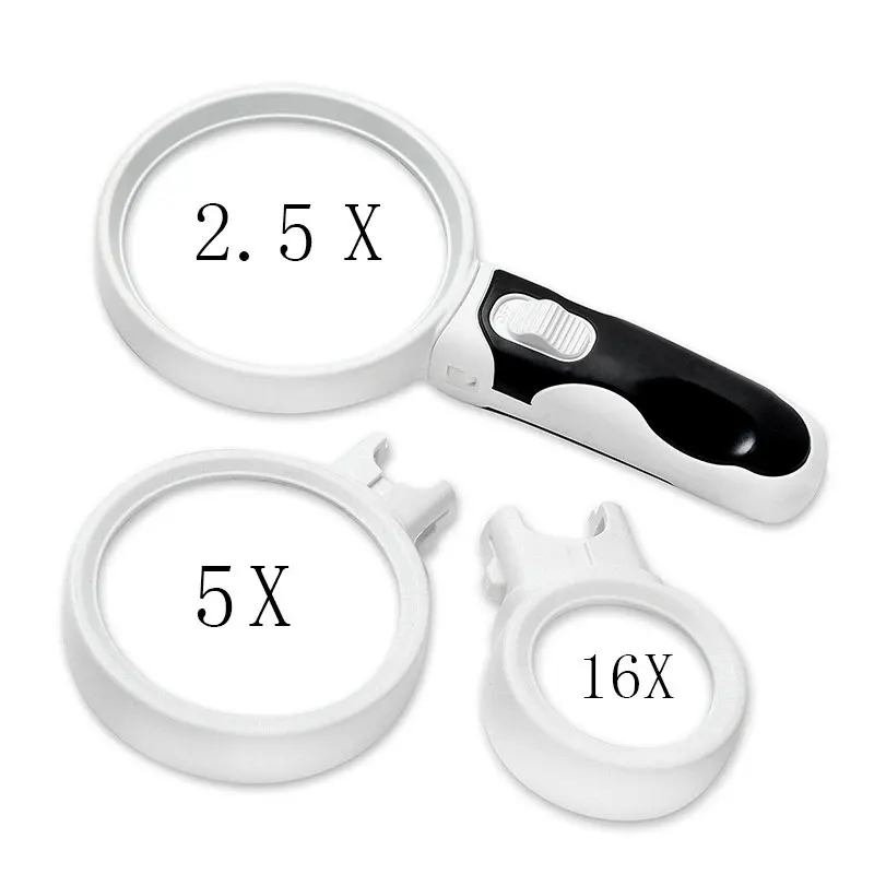 Magnifier 2.5X 5X 16X 3 lens rate interchangeable LED light reading ...