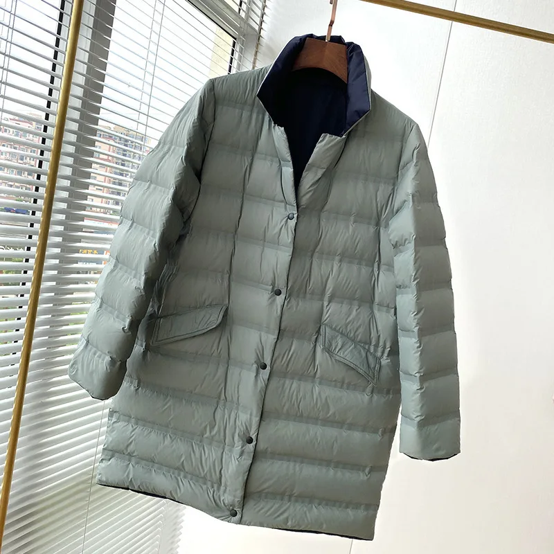 

Lightweight mid-length white duck down jacket women stand-up collar was thinner loose solid color jacket