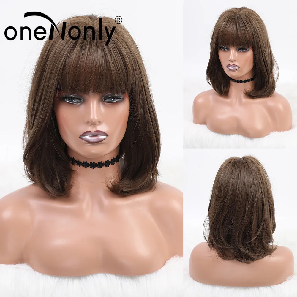 

oneNonly Ombre Synthetic Wigs Brown BoBo Hair Wig with Bangs for Black Women Glueless Heat Resistant Free Shipping Natural Wigs