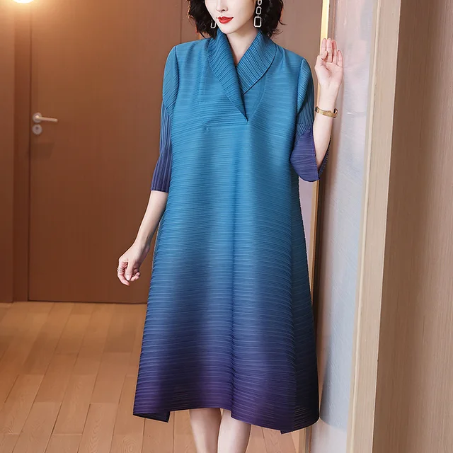 DEAT Woman Pleated Seven Sleeve Dress Purple Gradient Design Lapel Collar Over Size Casual Style 2021 New Autumn Fashion 15HT160 2