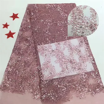 

2019 5 yard gradient pink 3D sequin fabric elastic spandex embroidered mesh African lace sequin fabric for clothing
