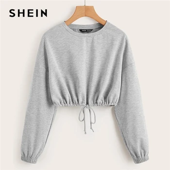 Женский укороченный пуловер SHEIN, повседневный однотонный пуловер с круглым вырезом, длинными рукавами и кулиской на плечах на осень