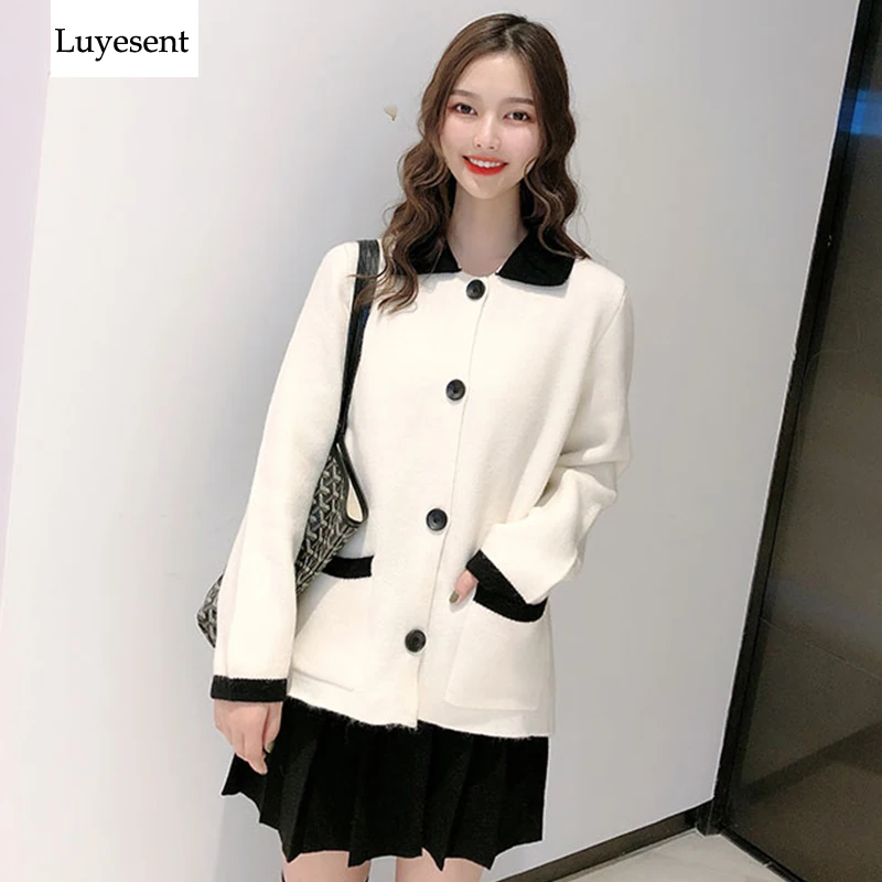 Polo Neck Women Cardigan Sweater 2020 Lady White Black Contrast Color Pocket Button Fashion Collar Student Knit Top OL Jumper |