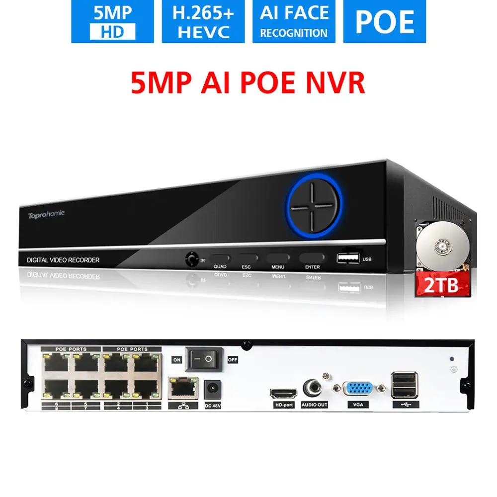 TOPROHOIME H.265 + 8CH AI Face 5MP POE NVR CCTV система видео сетевой рекордер для IP камеры наблюдения