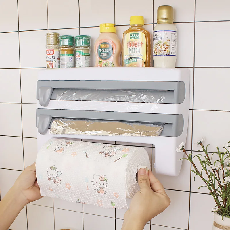 

Kitchen Organizer Wall Shelf Cling Film Cutting Holder Sauce Bottle Tin Foil Paper Storage Rack Paper Towel Holder