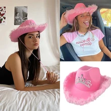 LED Tiara Women's Sequin Furry Decoration Costumes Pink Cowboy Hat Fashion Party Cap Warped Wide Brim Western Style Cowgirl Hat