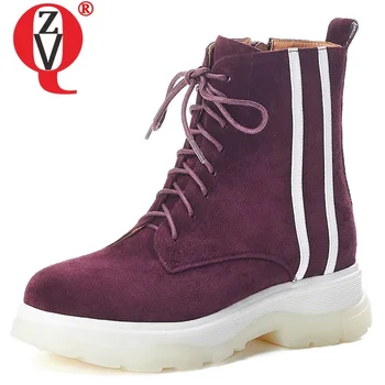 

ZVQ autumn new concise ankle boots outside mid heels platform cross-tied zipper round toe kid suede women shoes drop shipping