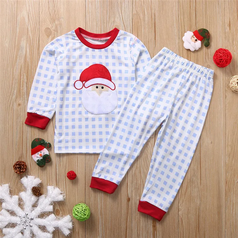Детские рождественские пижамы комплект домашней одежды для маленьких мальчиков и девочек, рождественские клетчатые топы с Сантой+ штаны, пижамы, одежда для сна,#3O15