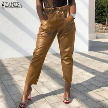 

2020 ZANZEA Fashion PU Leather Pants Spring Women Solid Long Pantalon Casual Elastic Waist Turnip Trousers Female Streetwear
