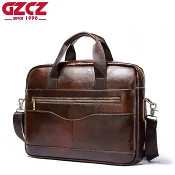 

GZCZ 100% Genuine Leather Men Handbag Briefcase High Quality Business Leather Shoulder Messenger Bags Office Sling Tote