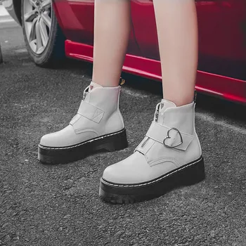 

Fashion Zipper Buckle Flat Shoes Woman High Heel Platform PU Leather Boots Lace Up Women Shoes Ankle Boots