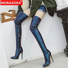 MORAZORA/горячая распродажа; ботфорты до бедра; женские сапоги с острым носком; сезон осень-зима; женские Вечерние туфли на высоком тонком каблуке
