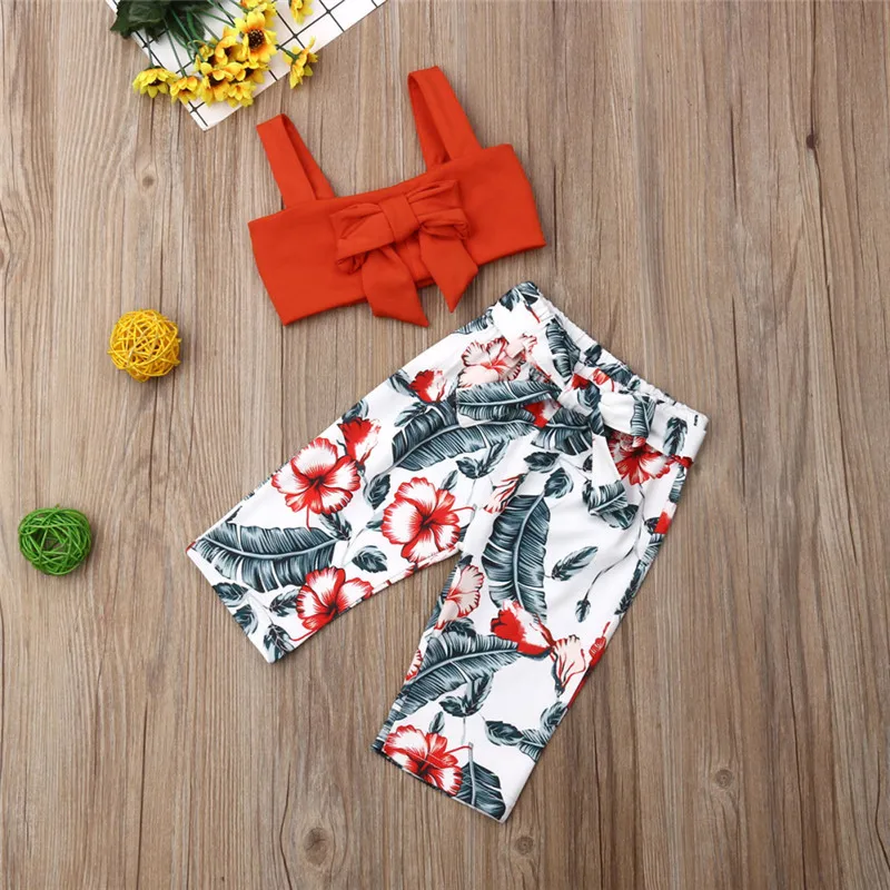 

Toddler Baby Girls Clothes Sleeveless bow strap solid pullover sleeveless Vest Flower print Bandage Pants 2pc summer Outfits