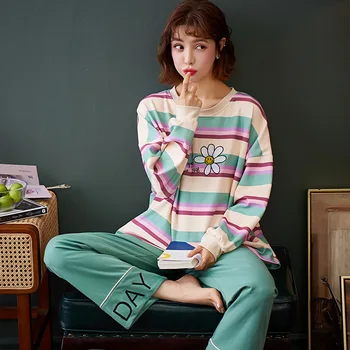 

Pajamas Ladies Spring Autumn Cotton Long-Sleeved Korean Cute Casual Can Wear Outside Winter Home Service Suits Pijama Mujer 잠옷