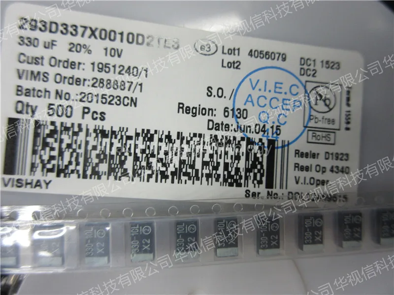 293D337X0010D2TE3 танталовый конденсатор-твердые, для поверхностного монтажа 33 мкФ 20% 10 вольт D чехол, формованные чип