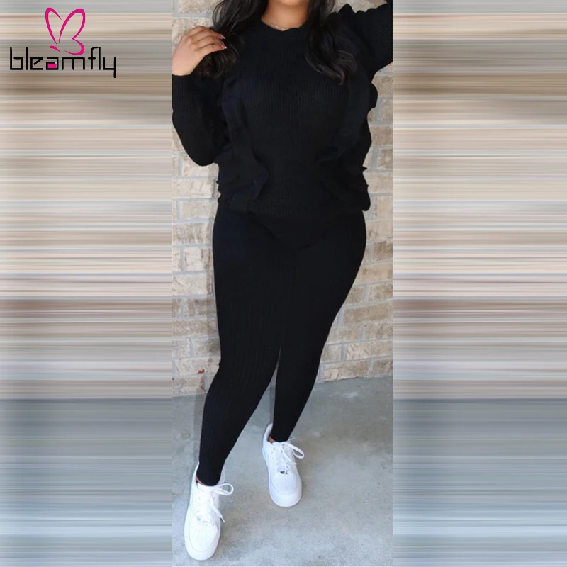 

2019 Autumn Knitted Women's Set Ruffles Splicing Sweater And Pencil Pants Suit Two Piece Sets Vintage Classic Tracksuit Outfit