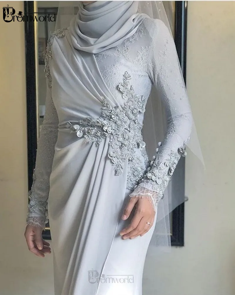 Light Blue Muslim Hijab Evening Dresses Long Sleeves 2020 Flowers Lace Chiffon Islamic Dubai Arabic Mermaid Formal Gown Prom Evening Dresses Aliexpress