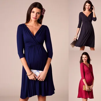 

Pleated deep V-neck fashion party evening dress Maternity Nursing Dress Pregent dress