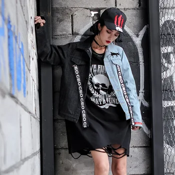 

Denim Jacket 2019 Spring And Autumn Hip Hop Girl Hit Color Wild Print Harajuku Bf Wind Hip Hop Long Sleeve Lapel Jacket Female