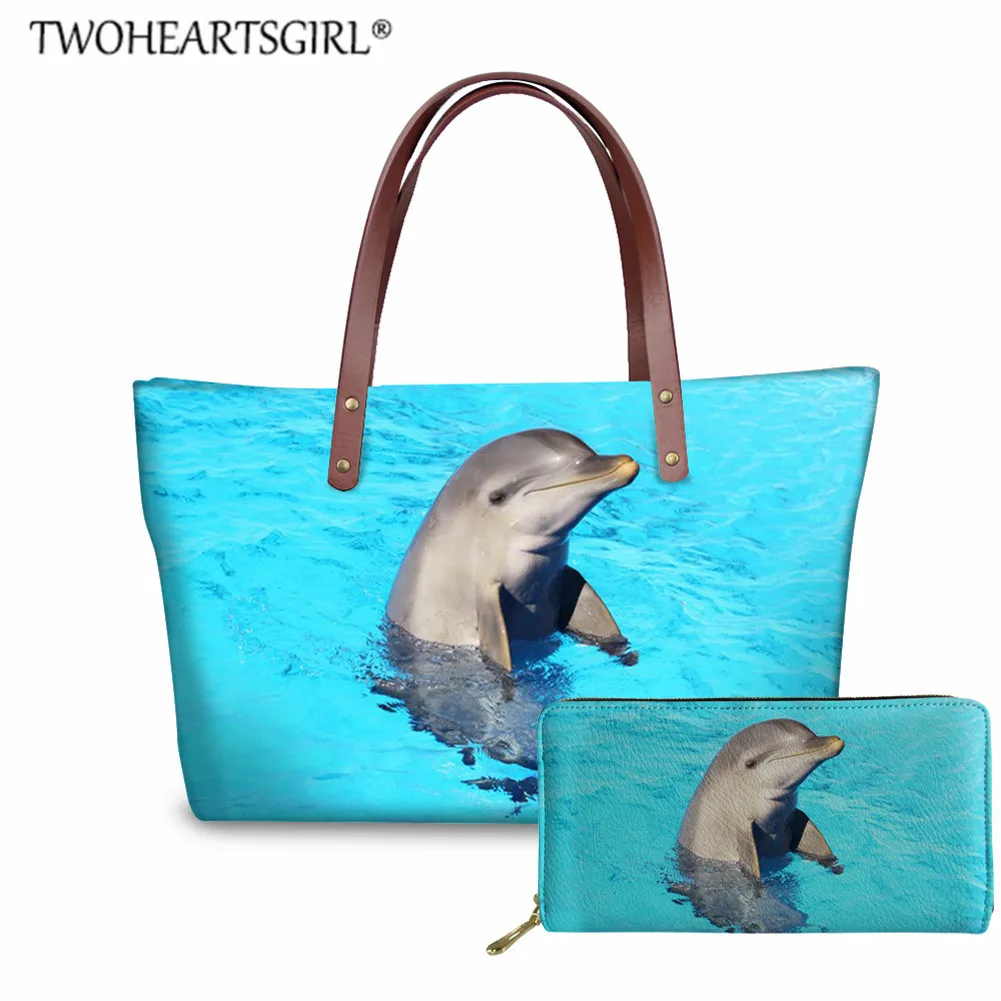 

TWOHEARTSGIRL Blue Dolphin Large Capacity Handbag Women Travel Shoulder Bag Brand 2Pcs/Set Tote Bags Female Leather Purse Custom