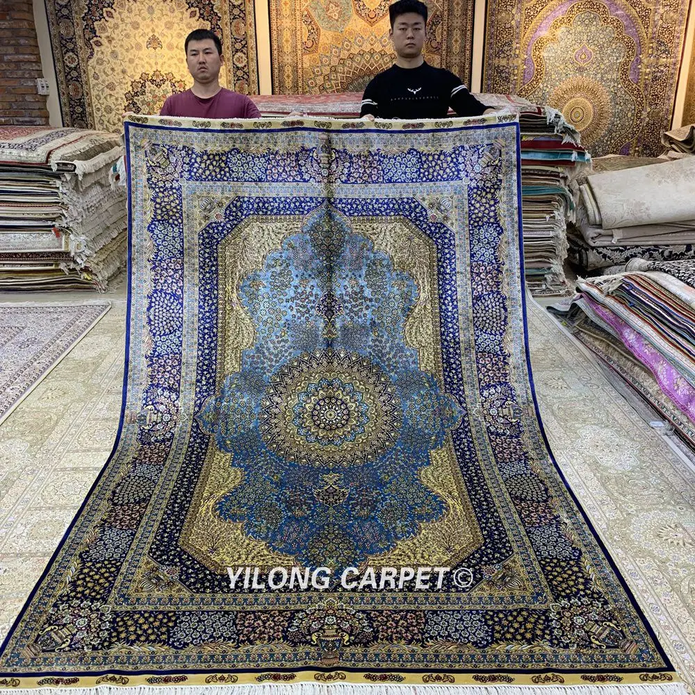 Yilong 6'x9' Кашмир Кум Vantage ковер синий ручной работы ковры персидские шелковые(ZQG367A