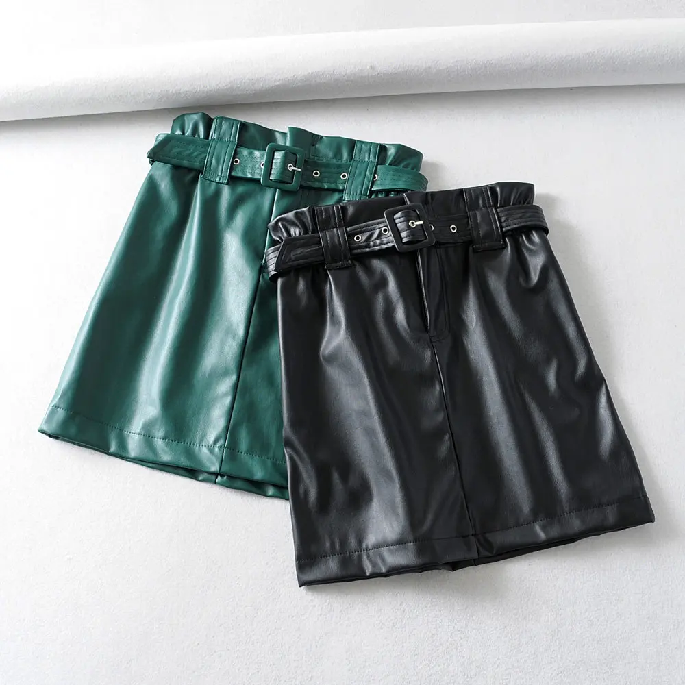 

BONJEAN Women's PU Leather Pleated Skirt With Belt Fashion High Waist Slim Winter Za Skirts Women Female Falda