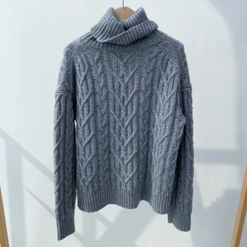 

Autumn Winter Women's Turtleneck Sweater 100% Cashmere Long Sleeve Loose Thick Twist Knitwear Pullover Top Female Simple Jumper