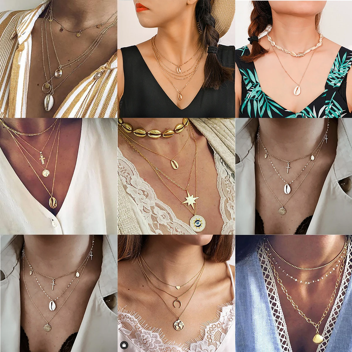 

Miss JQ 15 Styles Multiple Shell Pendant Necklace Metal Geometry Necklace For Women Vintage Golden Shell Luxury Accessories