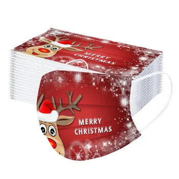

50PC Red Christmas Elk Adult Disposable Printing Mask 3 layer Non-woven Breathable Dustproof Earloops Masks Mondkapjes Masque