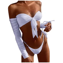 JAYCOSIN стильный пляжный купальник для защиты запястья, женский купальник с длинным рукавом, Одноцветный купальник с бантом и рюшами, пуш-ап бикини