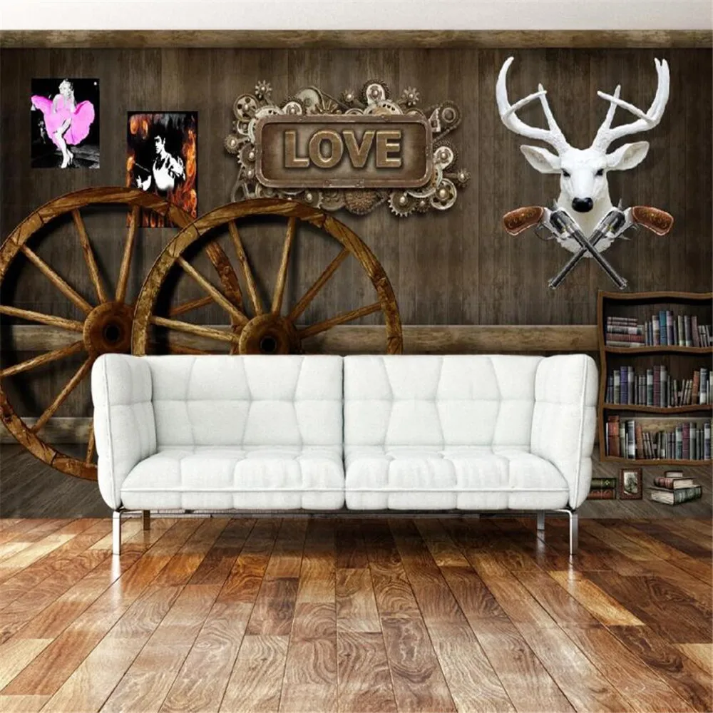 

milofi custom 3D large wallpaper wall cloth retro nostalgic wooden grunt deer head bar background wall painting photo wall