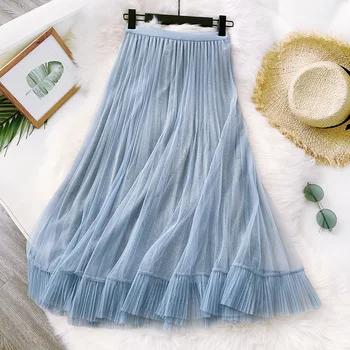 

Women Korean Style Sweet Long Mesh Tulle Skirts High Waist Ruffled Tulle Pleated Skirt Spring Autumn Summer Female Fairy Skirt