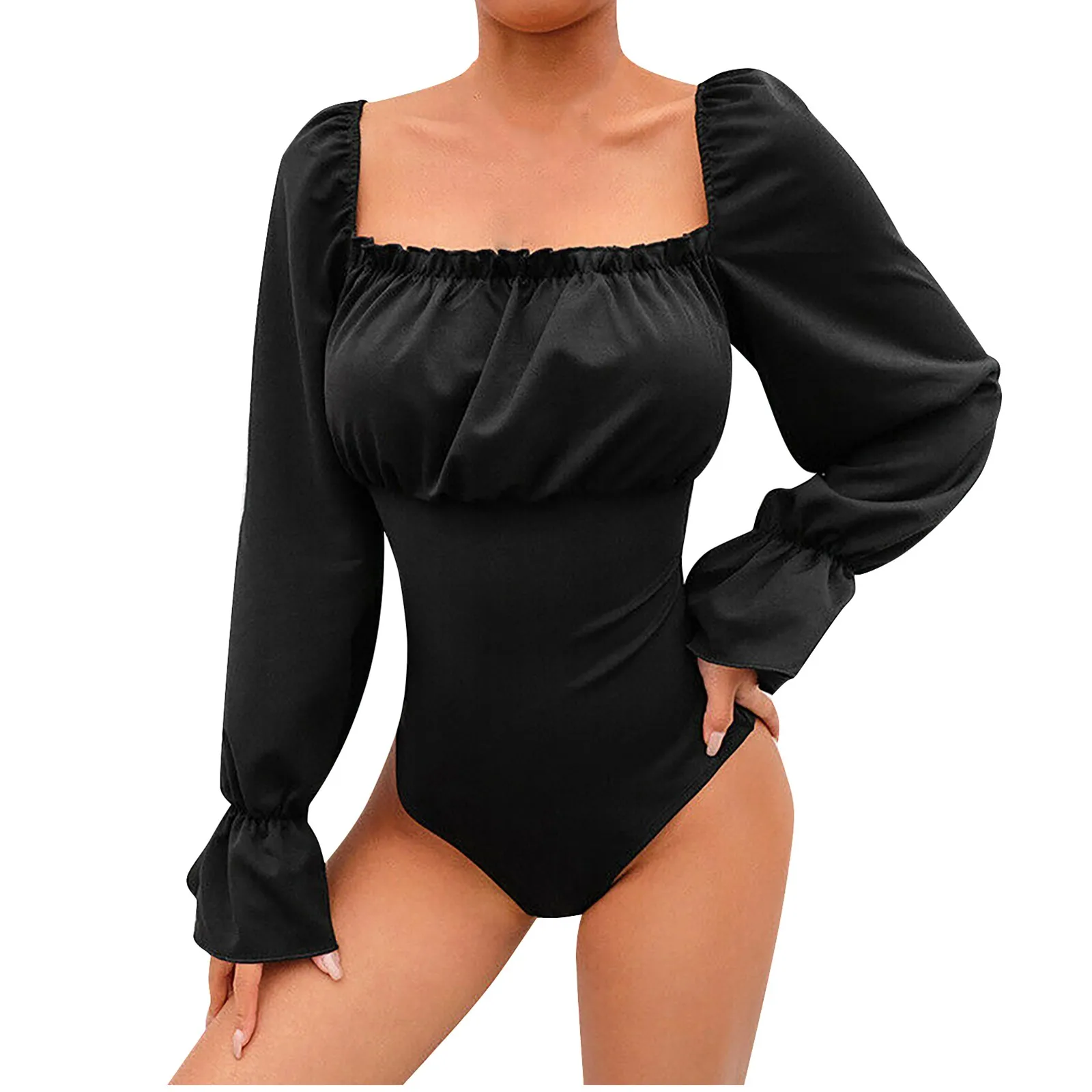 Longsleeve Bodysuits Square Collar Women's Wear Has A Gentle Temperament Jumpsuit With Bubble Sleeves On The Back Телби 2