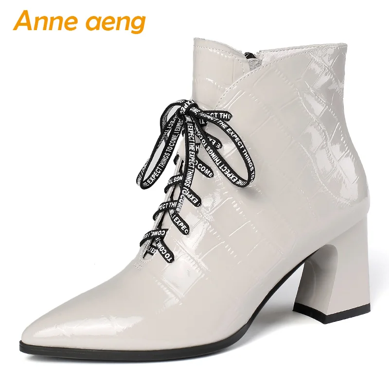 

2019 New Autumn/Winter Genuine Leather Women Ankle Boots High Heel Pointed Toe Lace-Up Sexy Ladies Women Shoes Beige Warm Boots
