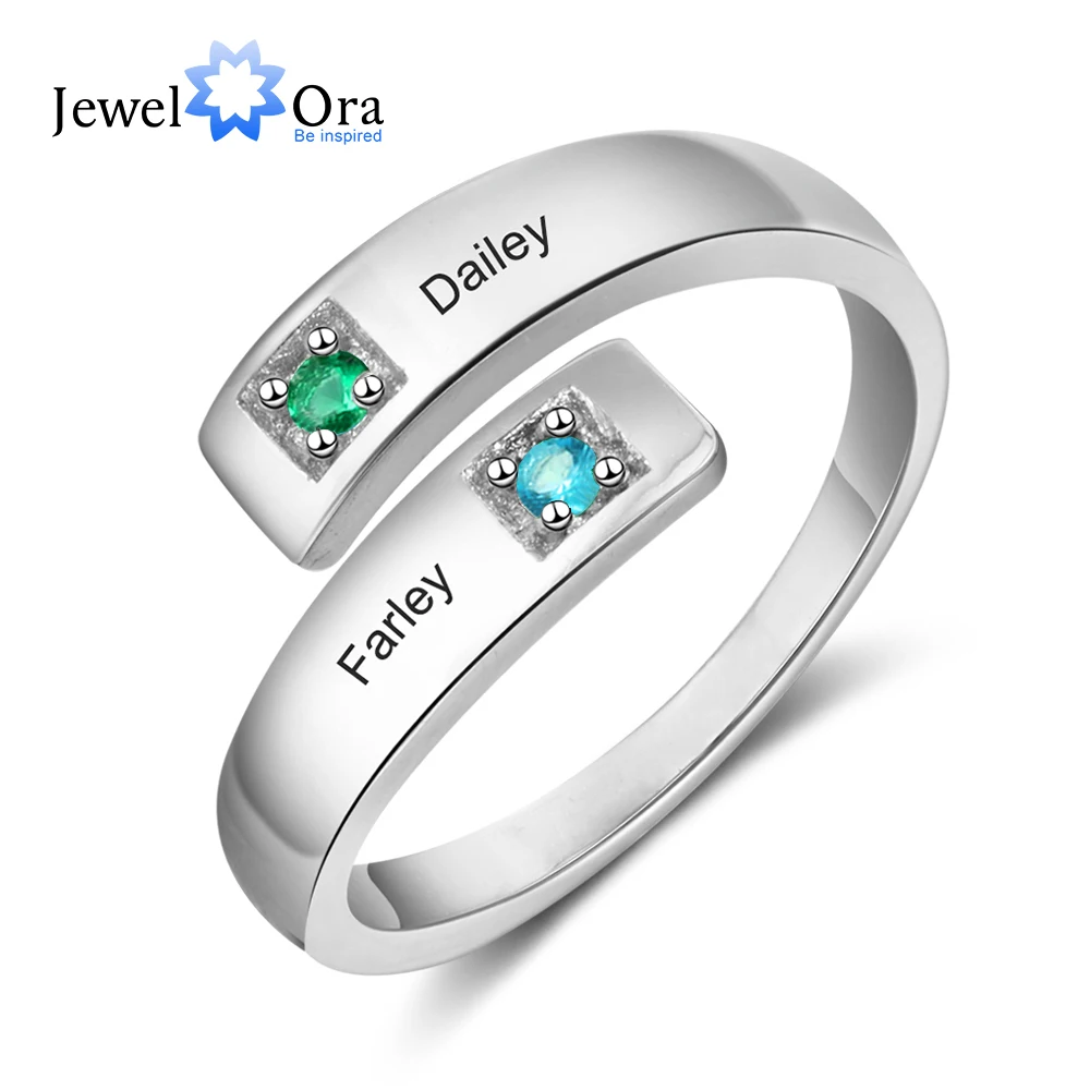 Personalized Women Rings with Birthstone Custom 2 Names Engraved Adjustable Promise Rings for Couples Jewelry(JewelOra RI103934)