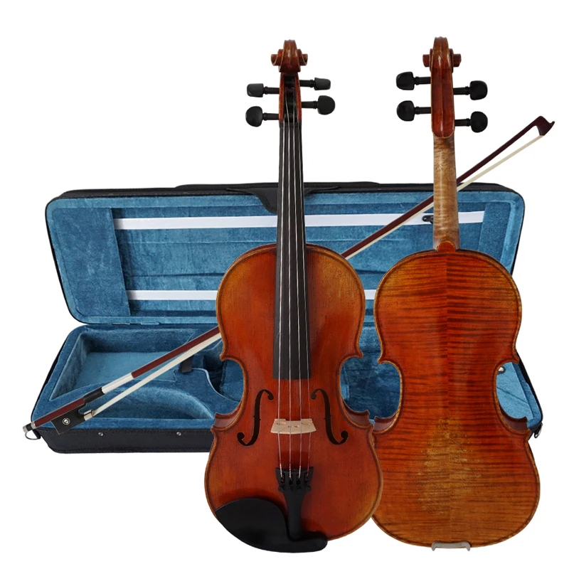 Sinomusik Handmade oil red brown two-piece back nice flame maple professional violin with case and bow Model HV08B