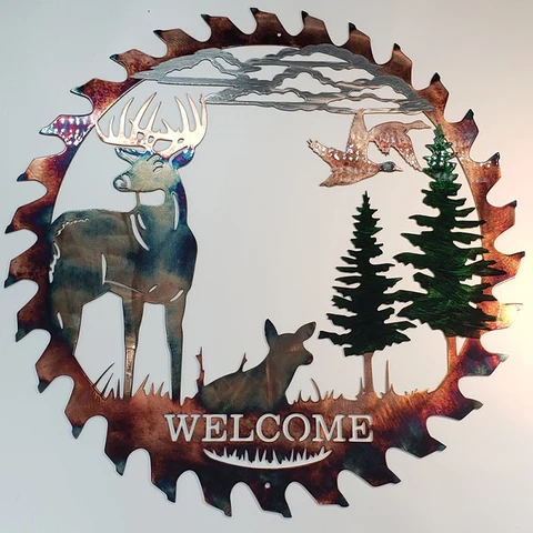 Bed/living Room Metal Wall Stickers Art Cut Elk Saw Blade Deer Forest Tree Sculpture Indoor Outdoor Decor Unique Gift Decora