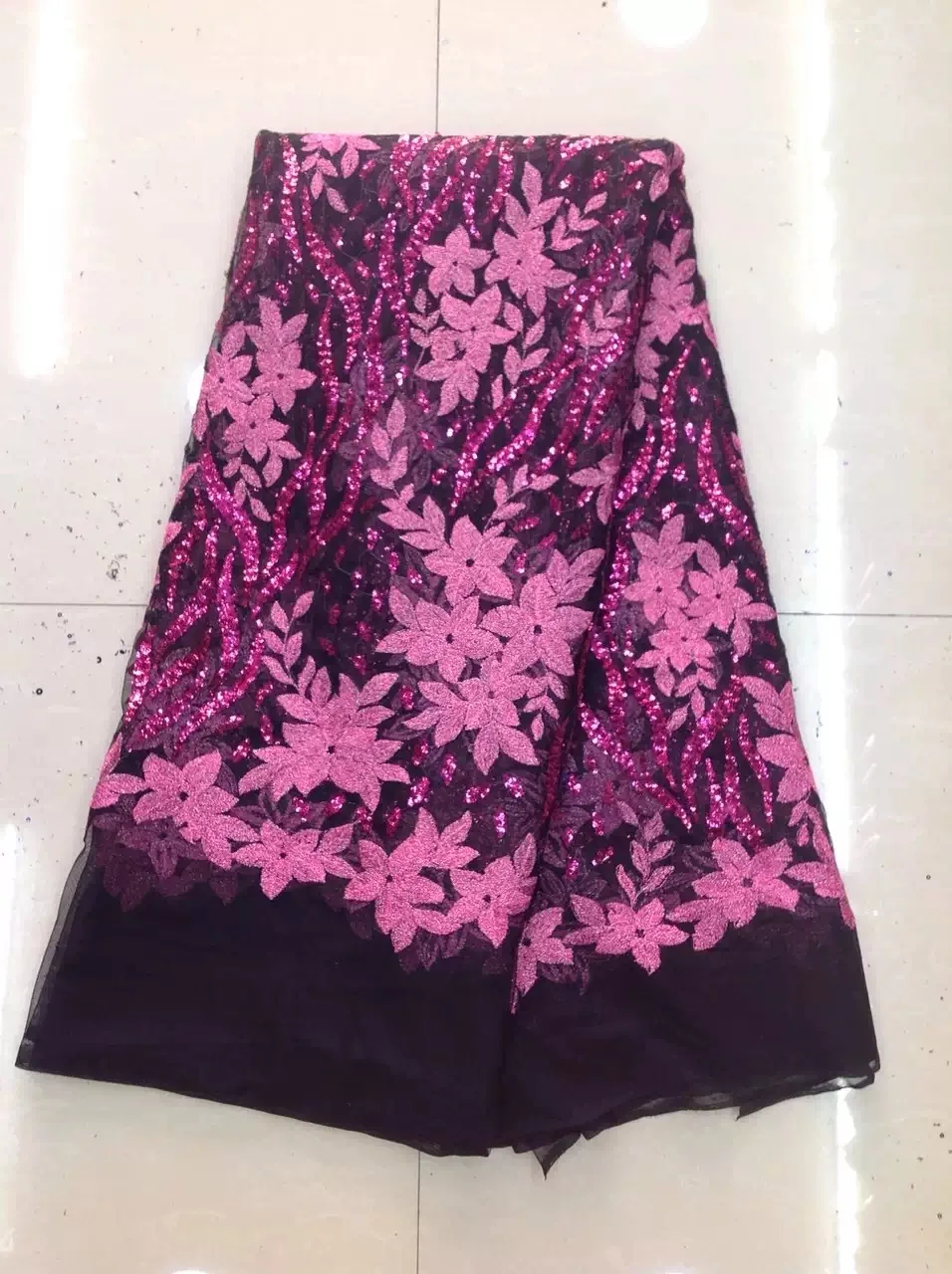 

2016 Latest African French Lace Fabric For Nigerian Wedding High Quality African Tulle Lace Fabric with Sequins Fuchsia Color
