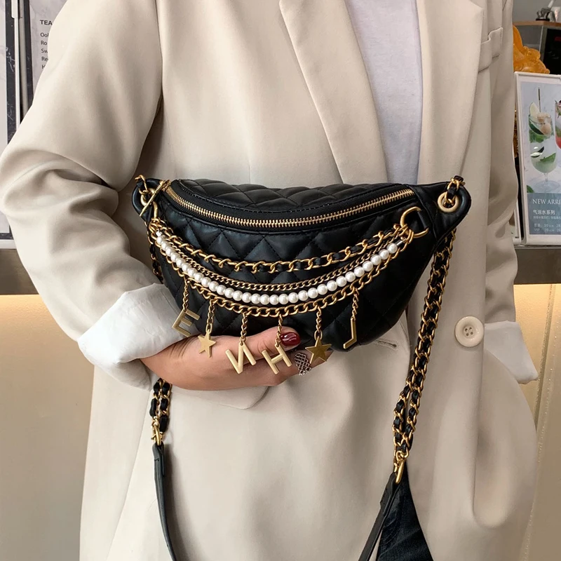 Small Bag Women New Fashion Korean Versatile Messenger Bag Pearl Chain Waist Bag Gold Letter Tassel Chest Bag Nightclub Bag