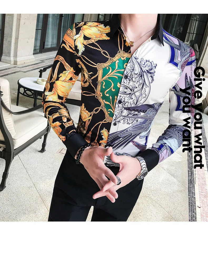 Лоскутные рубашки мужские повседневные с длинным рукавом Slim Fit Chemise Homme Manche Longue Camisa Masculina черный золотистый брелок для ключей мужская рубашка