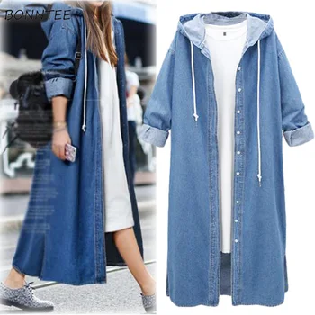 

Trench Women Vintage Denim Oversize Hooded Plus Size Full Sleeve Single Breasted Solid Loose Womens Chic Simple All-match Trendy