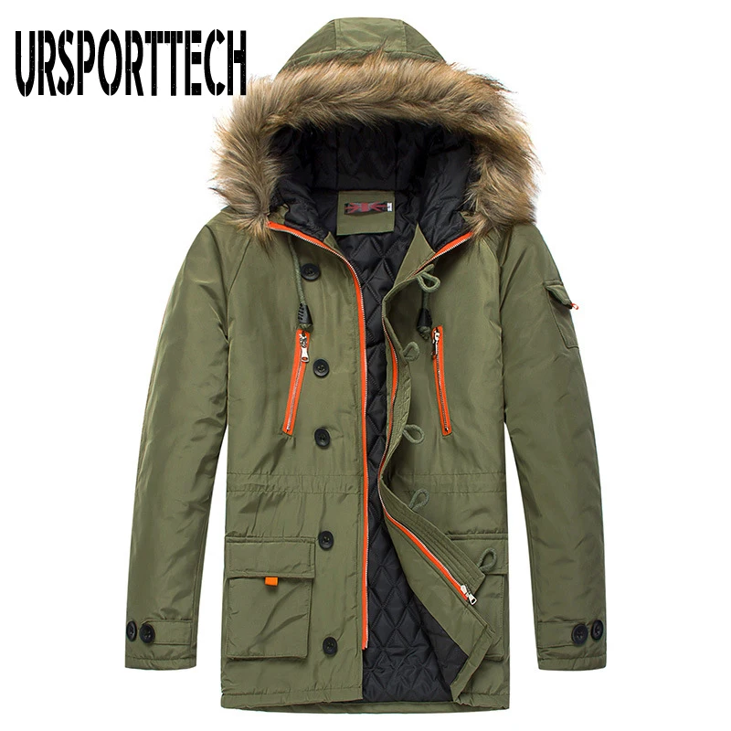 

URSPORTTECH Winter Jacket Men Cotton Padded Parka Man Winter Coat Artificial Fur Big Pockets Medium-long Thick Parkas Snowjacket