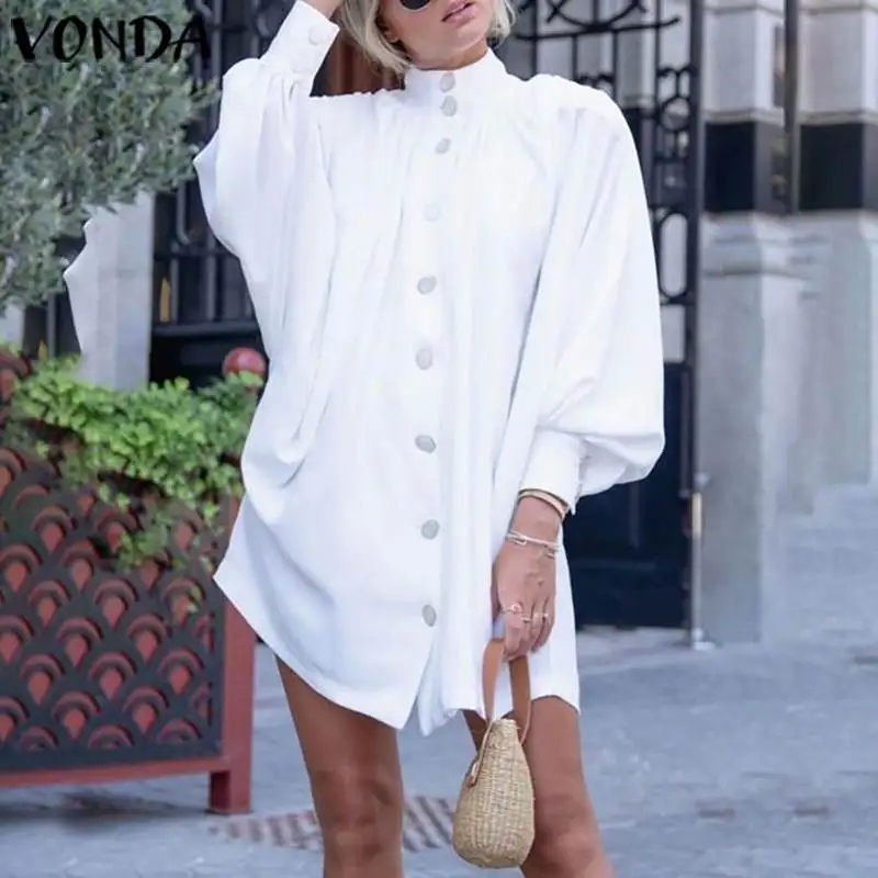 

VONDA Women Dress Sexy Turtleneck Lantern Sleeve Shirt Party Dress 2019 Spring Summer Beach Top Office Sundress Plus Size Tunic