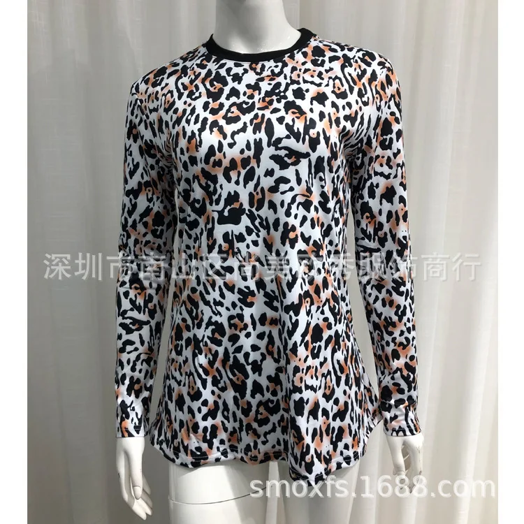 Осенняя леопардовая Футболка с принтом, пикантная куртка с круглым вырезом и длинными рукавами