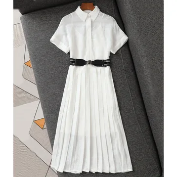 

Fashion Runway Hollow Embroidery White Mid-length Casual Large Dress Ladies Short-sleeved Dress Belt Woman Skirt