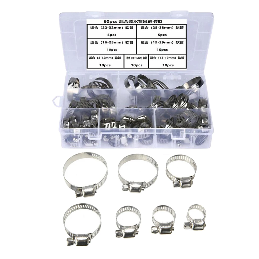 60Pcs Single Ear Hose Clamps Water Pipe Hose Clamp Mixed Assorted Set for Sealing Hose Stainless Steel