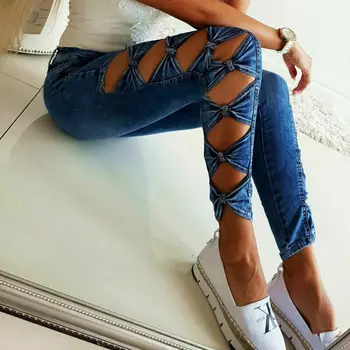 

Sexy Womens Stretchy Trouser Fashion Solid Color Bow-Knot Long Pants Hollow Out High Waisted Skinny Slim Fit Trouser 2020 Spring