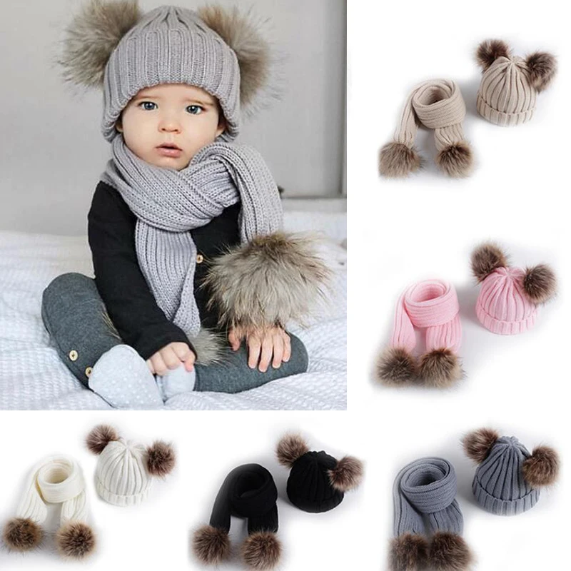 Hat Scarf Boy-Girl-Set Children Beanie Double-Pompom Warm Baby Kids Winter Cute For Boys