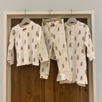 

2020 spring parent-child bear print cotton suit toddler girl clothing suit boy boutique children's clothing